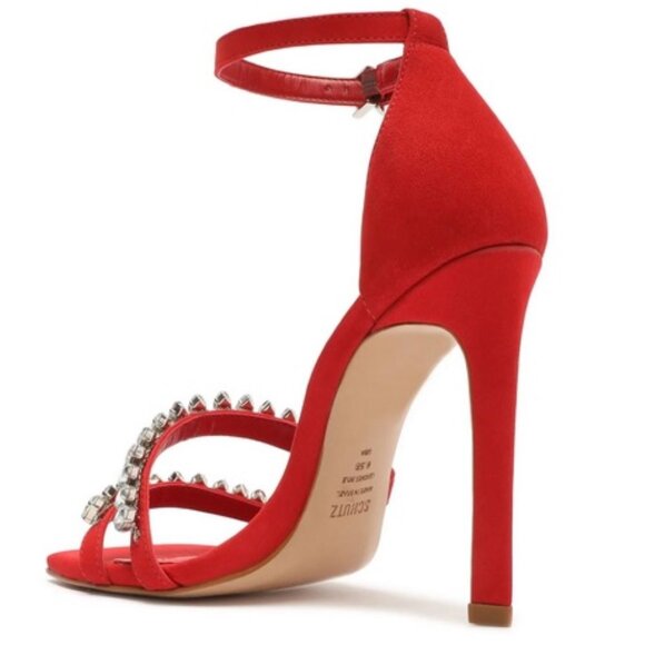 New SCHUTZ Linsey Red Suede Nubuck Rhinestone Sandals Heels Shoes 5 - Picture 3 of 7